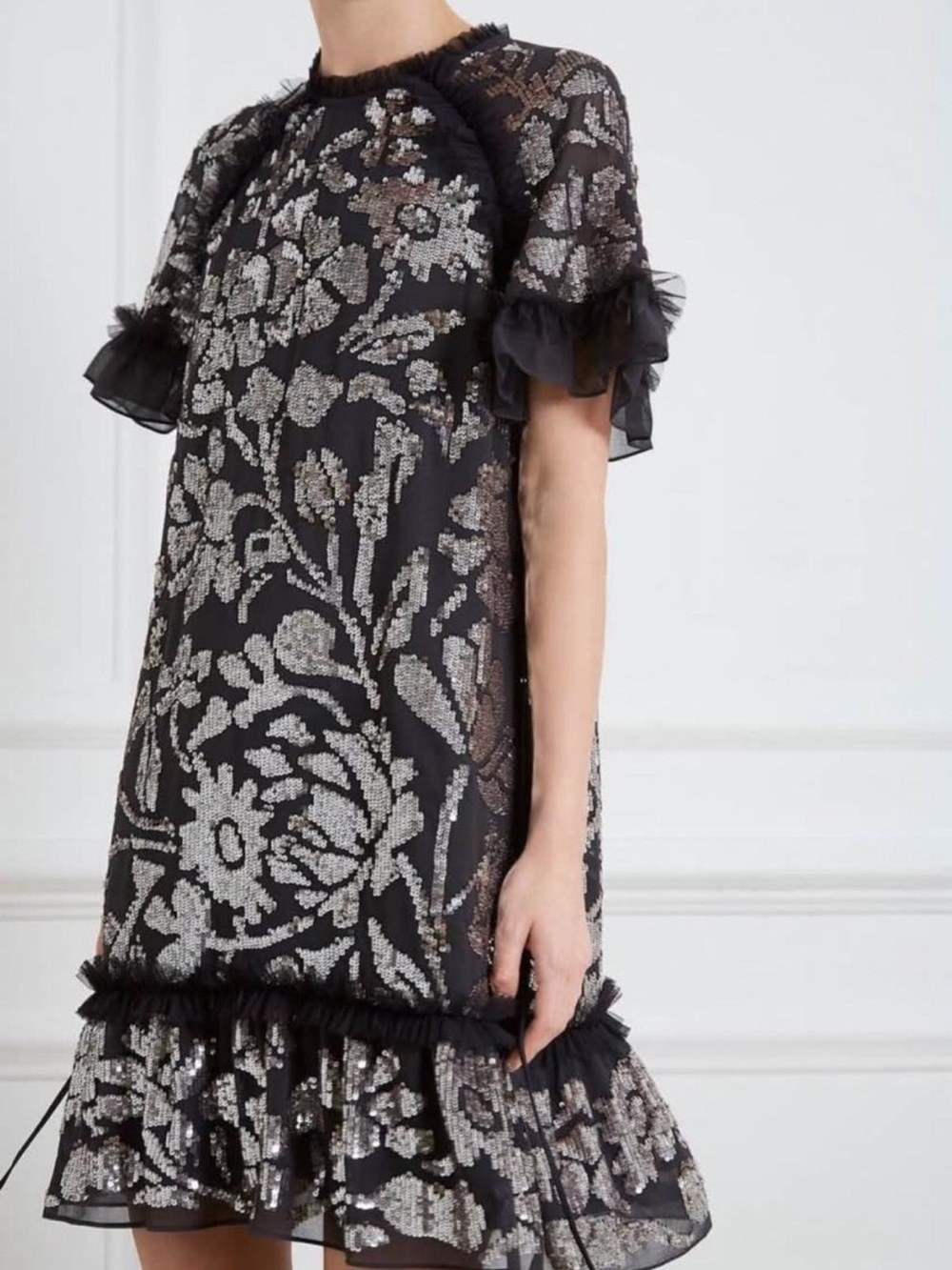 Needle & Thread Black Dress with Silver Sequin Floral Detail